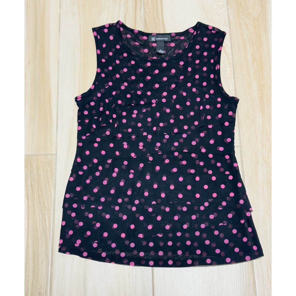 INC International Concepts Blouse Top Sz M, Black Pink Polka Dot Sheer Ruffle